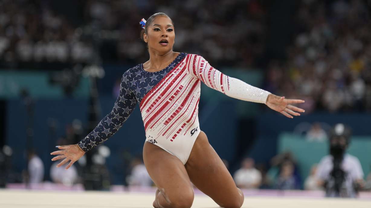 Jordan Chiles, of the United States, performs on the floor during the women's artistic gymnastics team finals round at Bercy Arena at the 2024 Summer Olympics, Tuesday, July 30, 2024, in Paris, France.