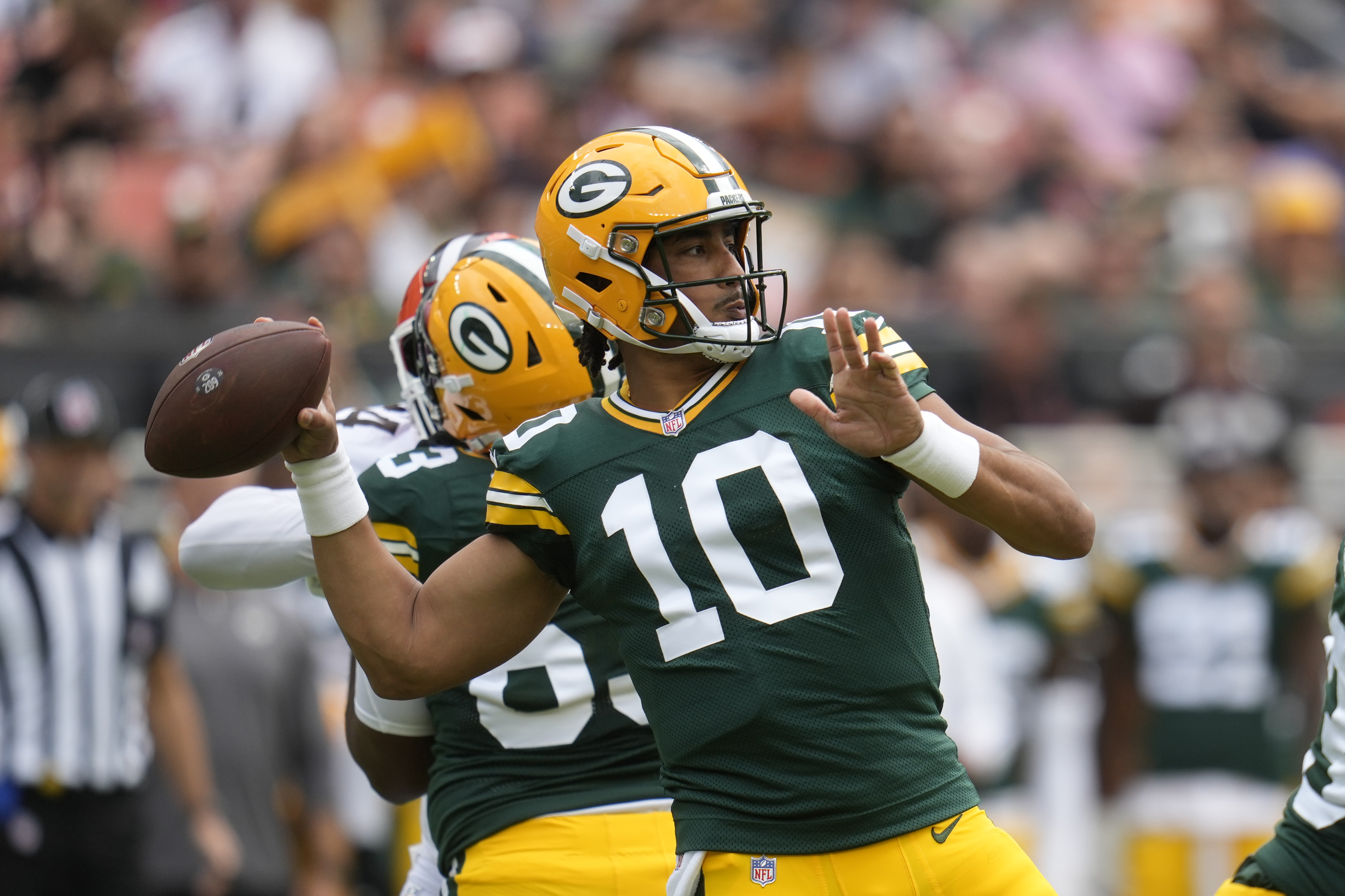 Green Bay Packers quarterback Jordan Love throws during the first half of an NFL preseason football game against the Cleveland Browns, Saturday, Aug. 10, 2024, in Cleveland.