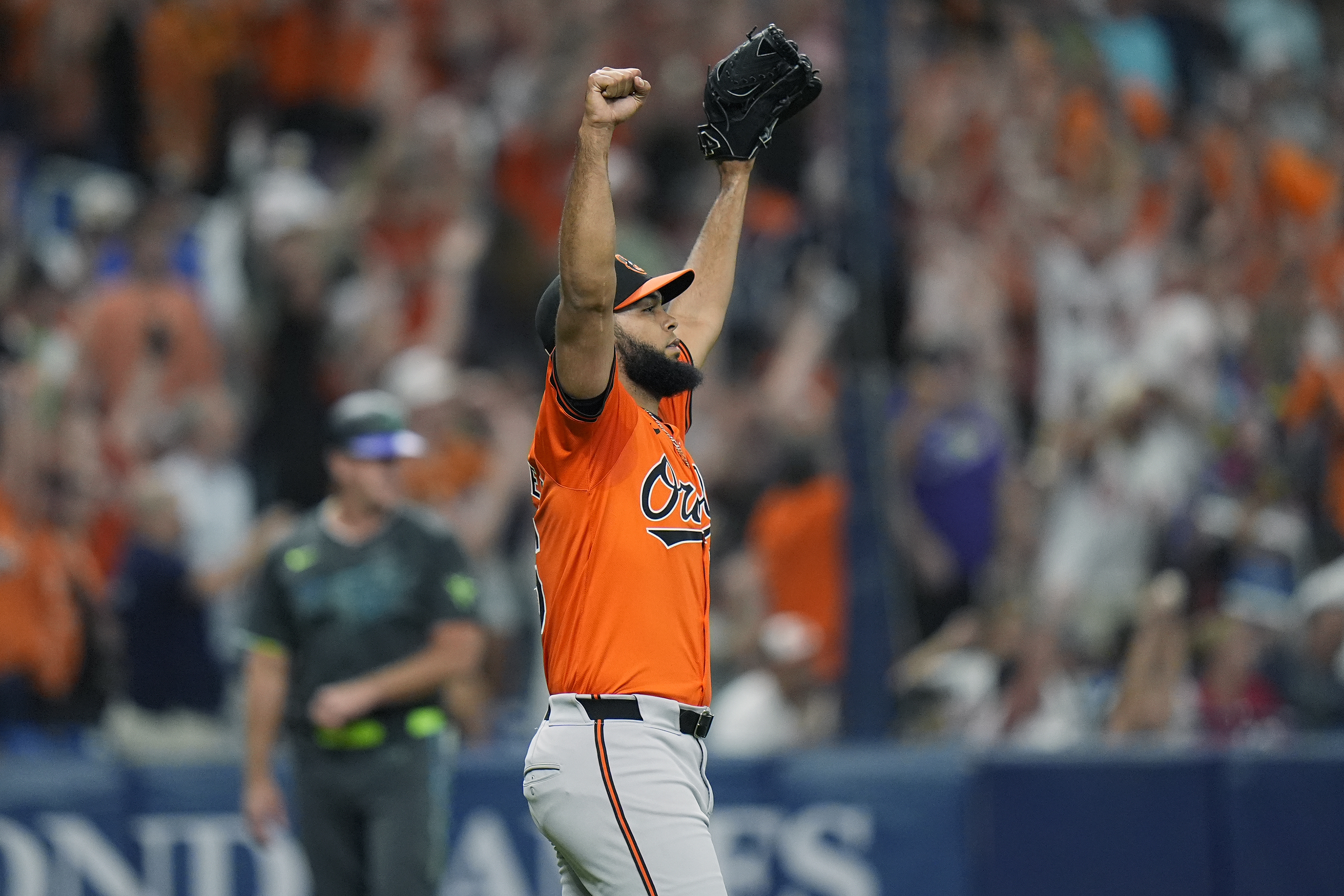 Baltimore Orioles relief pitcher Seranthony Dominguez reacts after Tampa Bay Rays' Brandon Lowe flied out end the game during a baseball game Saturday, Aug. 10, 2024, in St. Petersburg, Fla.
