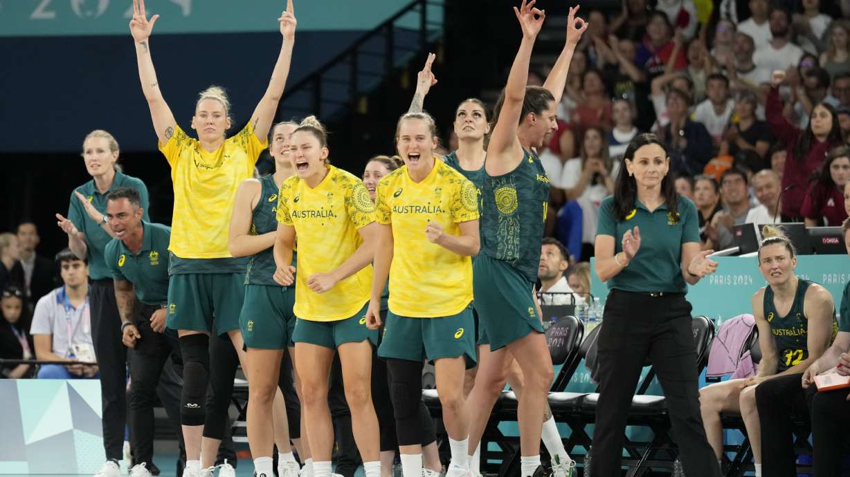 The Australia bench reacts during a women's bronze medal basketball game at Bercy Arena at the 2024 Summer Olympics, Sunday, Aug. 11, 2024, in Paris, France.