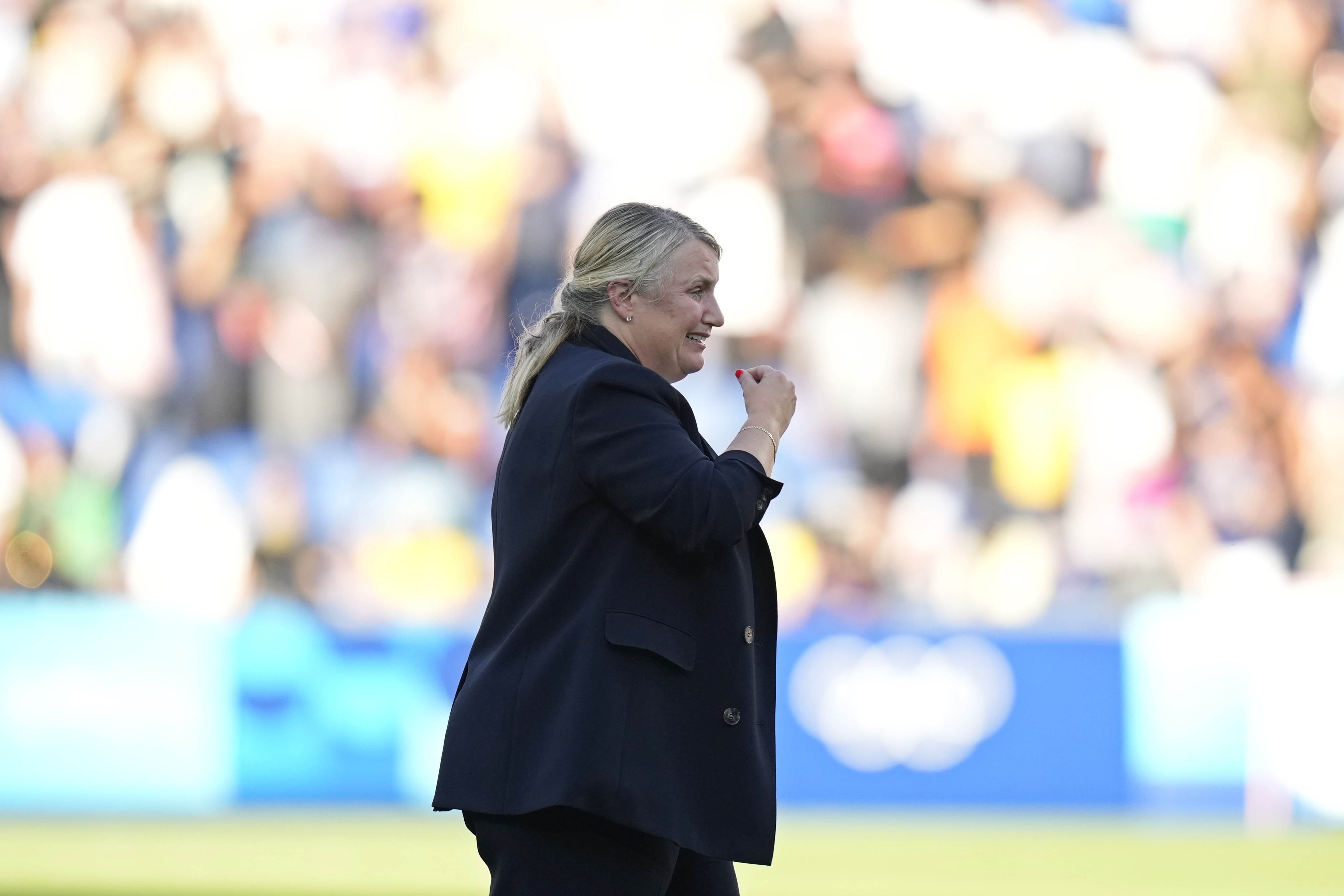 head coach Emma Hayes of the United States celebrates after defeating Brazil during the women's soccer gold medal match between Brazil and the United States at the Parc des Princes during the 2024 Summer Olympics, Saturday, Aug. 10, 2024, in Paris, France. 