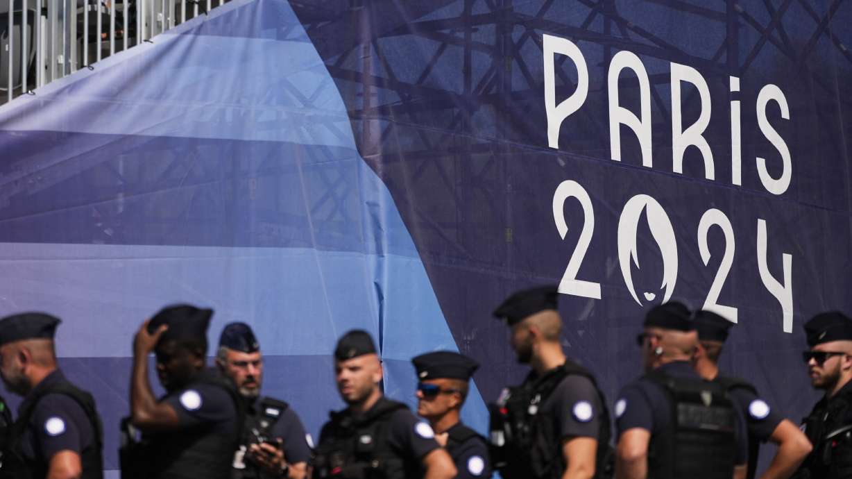 Security work during the canoe sprint competitions at the 2024 Summer Olympics, Saturday, Aug. 10, 2024, in Vaires-sur-Marne, France.