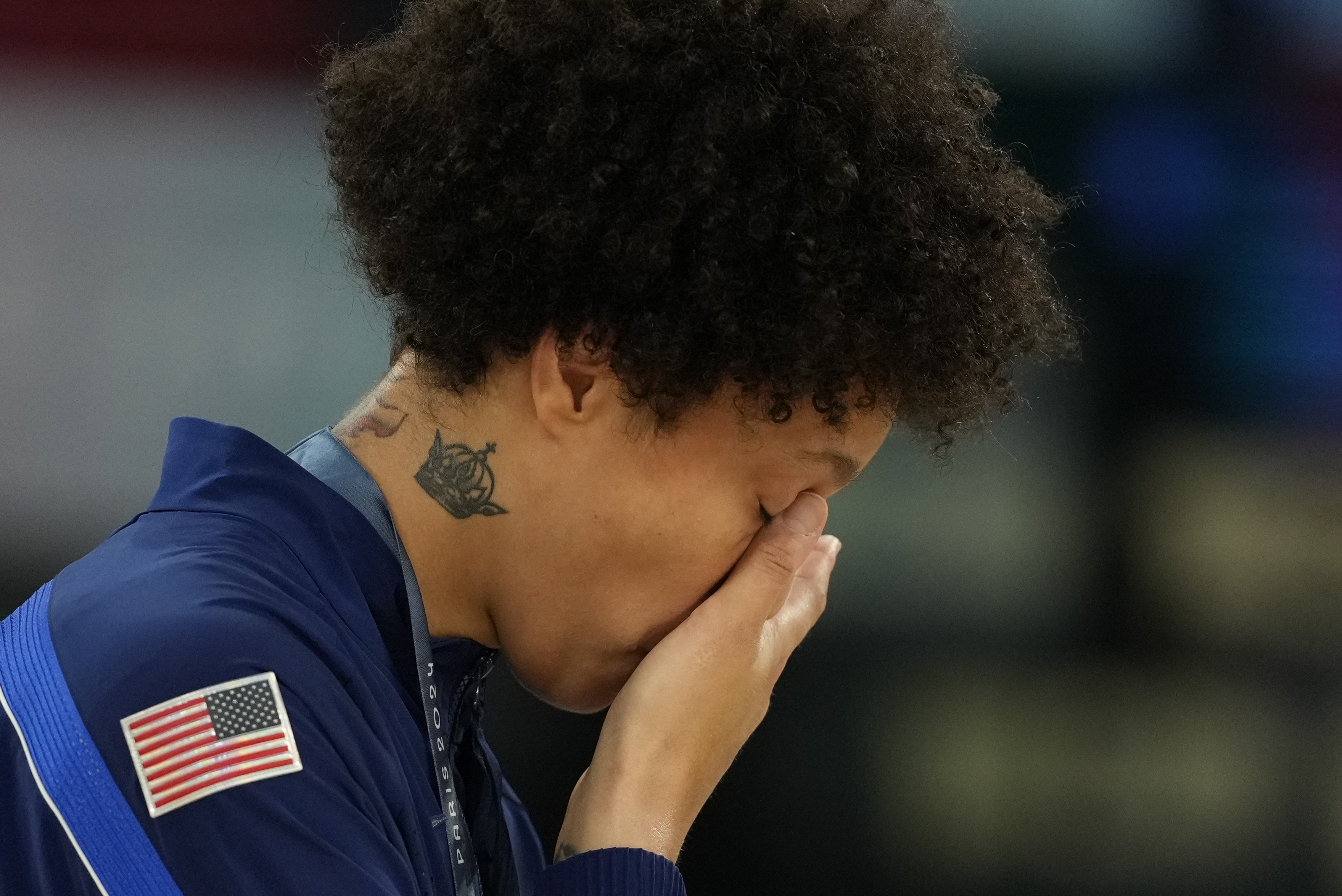 United States' Brittney Griner wipes a tear after a women's gold medal basketball game at Bercy Arena at the 2024 Summer Olympics, Sunday, Aug. 11, 2024, in Paris, France.