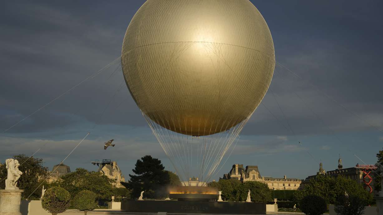 The cauldron sits in the Tuileries garden on the final day of the 2024 Summer Olympics ahead of the closing ceremony, Sunday, Aug. 11, 2024, in Paris, France.