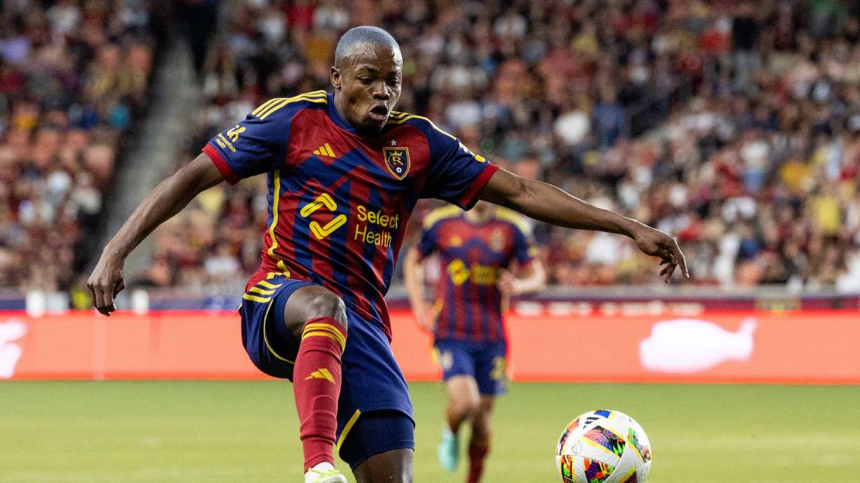 Real Salt Lake midfielder Andrés Gómez (11) kicks the ball during a Major League Soccer game against the Columbus Crew at the America First Field in Sandy on Saturday, April 13, 2024.