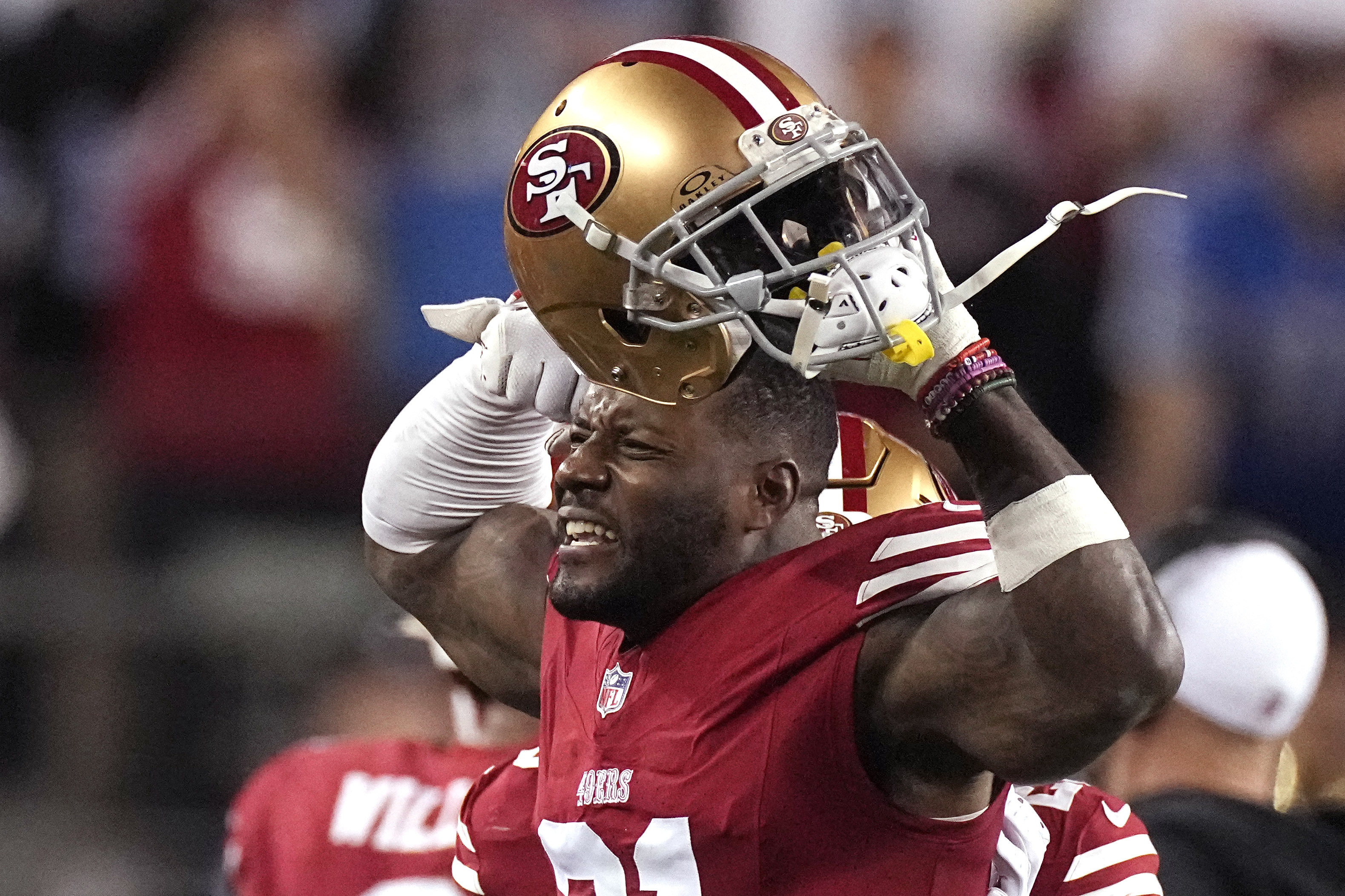 FILE - San Francisco 49ers safety Tashaun Gipson Sr. (31) celebrates during the second half of the NFC Championship NFL football game against the Detroit Lions in Santa Clara, Calif., Sunday, Jan. 28, 2024. The Jacksonville Jaguars signed veteran safety Gipson to a one-year contract Sunday, Aug. 11, reuniting him with the franchise despite a six-game suspension to start the regular season. 