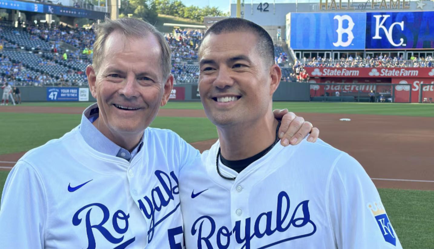 Elder Gary E. Stevenson of the Quorum of the Twelve Apostles is pictured with fellow Latter-day Saint and former Kansas City Royals World Series pitcher Jeremy Guthrie. Elder Stevenson threw the ceremonial first pitch while Guthrie served as the catcher on Tuesday.