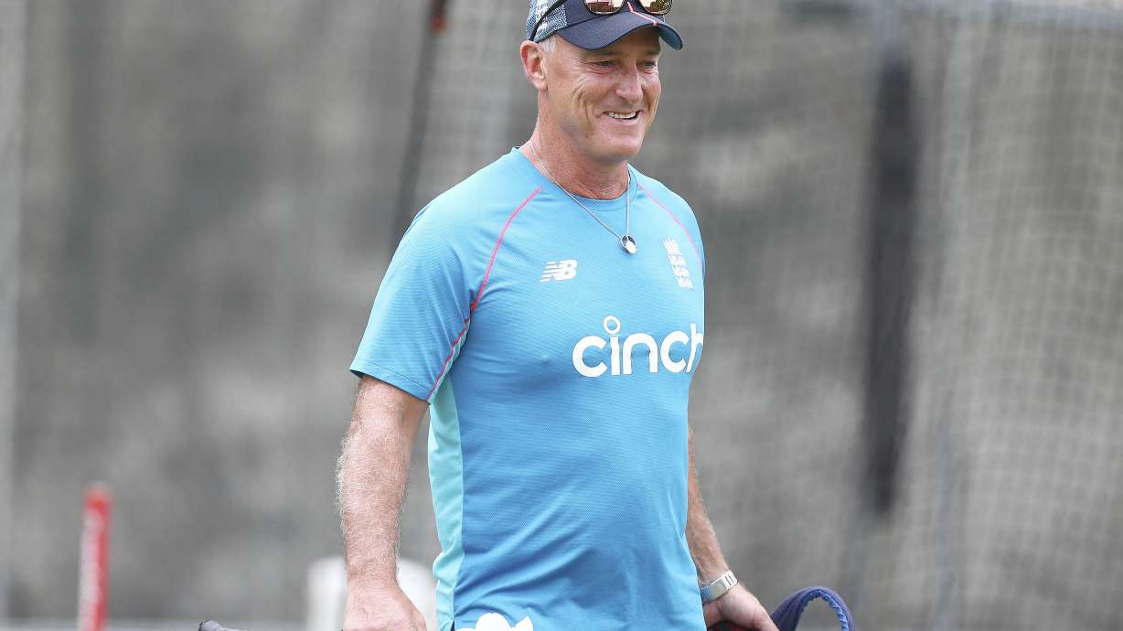 FILE -England's coach Graham Thorpe arrives for their training session at the Gabba ahead of the first Ashes cricket test in Brisbane, Australia, Dec. 6, 2021.