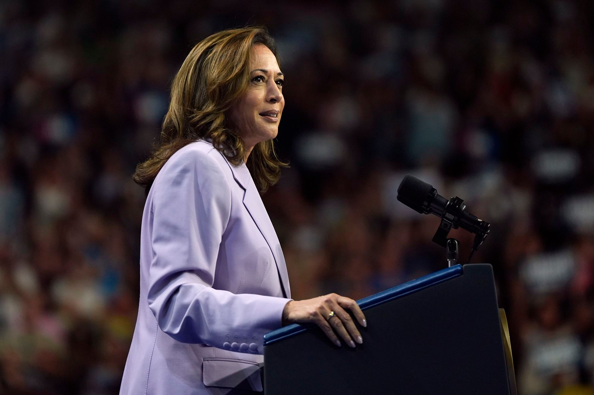 Vice President Kamala Harris speaks at a campaign rally, Saturday, in Las Vegas. Harris has backed the elimination of taxes on tips, endorsing a policy first suggested by former President Donald Trump.