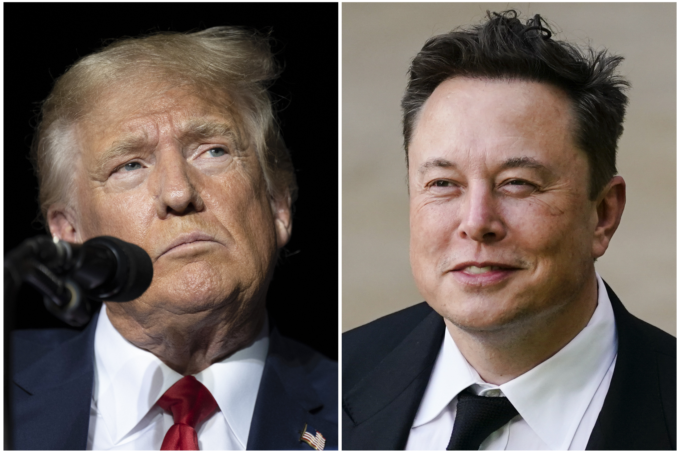 This combination of photos shows former President Donald Trump during rally in Minden, Nev., Oct. 8, 2022, left, and Elon Musk in Wilmington, Del., July 12, 2021. Donald Trump is returning — at least for one night — to do a live interview Monday on X, the platform from which he was banned for nearly two years following the Jan. 6, 2021, storming of the U.S. Capitol.