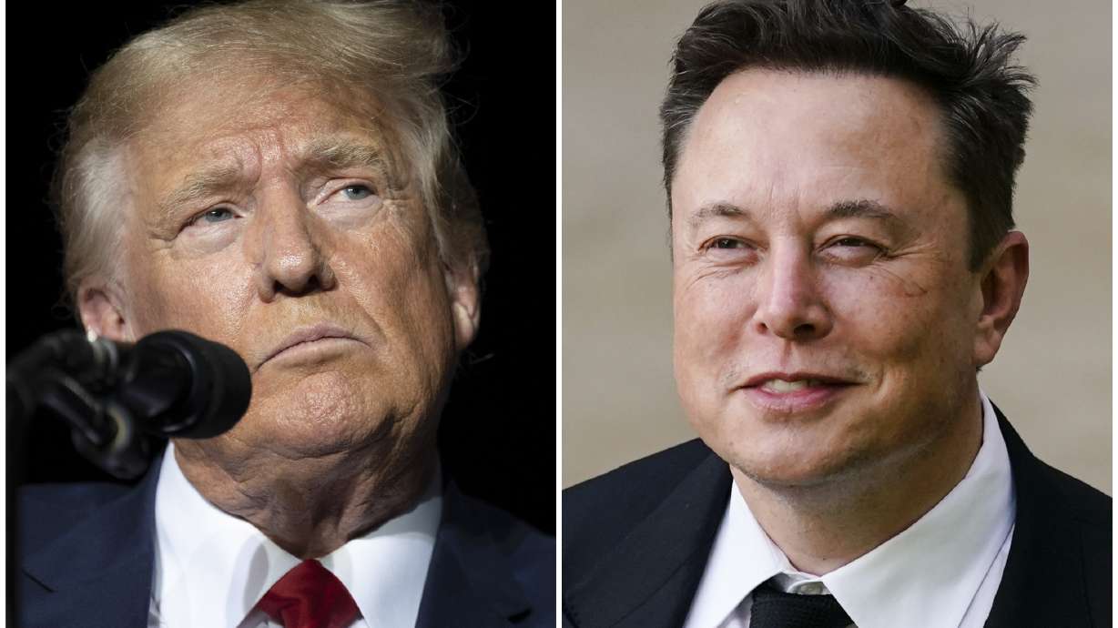 This combination of photos shows former President Donald Trump during rally in Minden, Nev., Oct. 8, 2022, left, and Elon Musk in Wilmington, Del., July 12, 2021. Donald Trump is returning — at least for one night — to do a live interview Monday on X, the platform from which he was banned for nearly two years following the Jan. 6, 2021, storming of the U.S. Capitol.