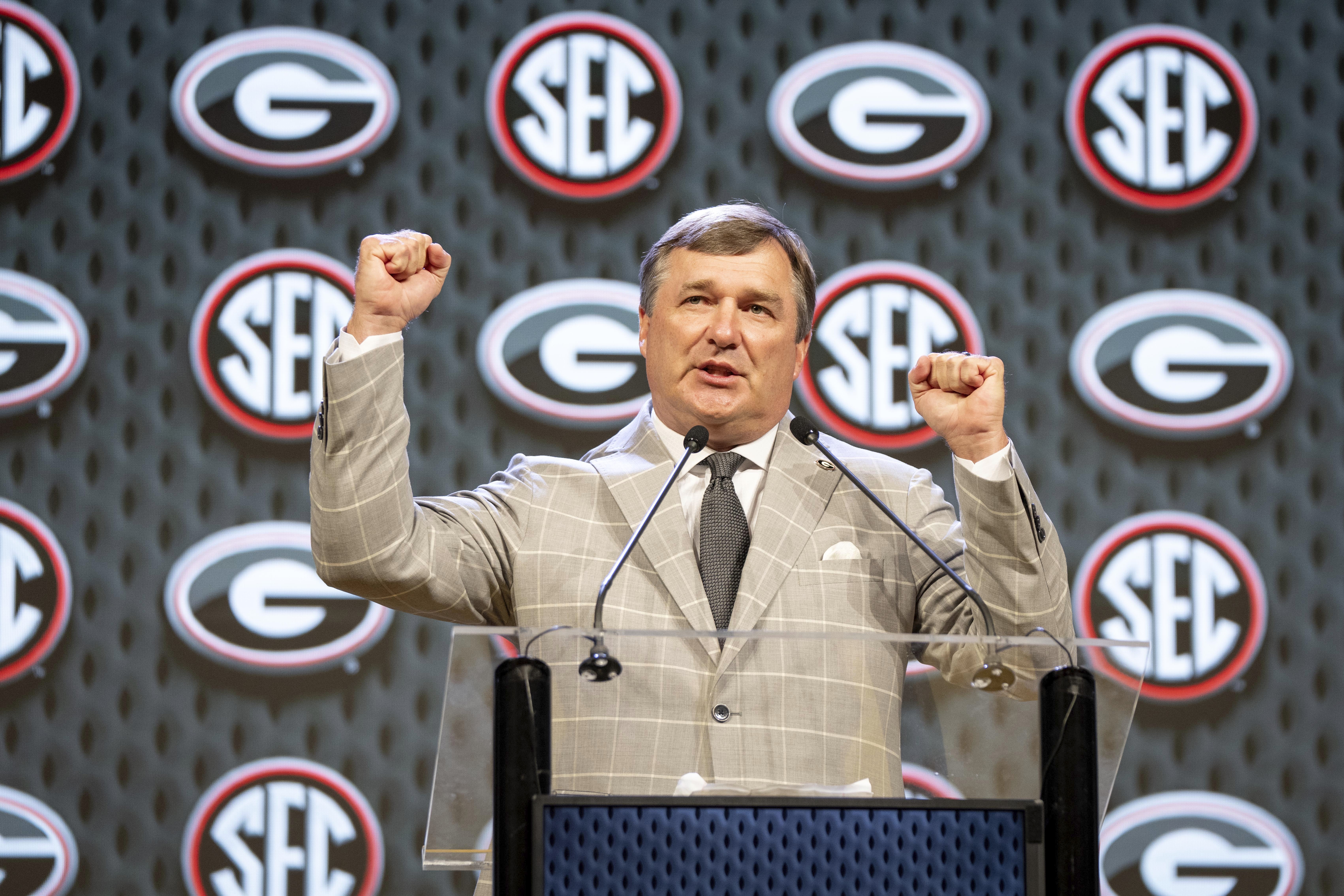 Georgia head coach Kirby Smart speaks during Southeastern Conference NCAA college football media days Tuesday, July 16, 2024, in Dallas. 