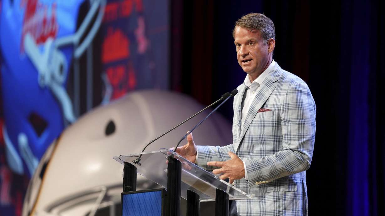 Ole Miss head football coach Lane Kiffin speaks during Southeastern Conference NCAA college football media days Monday, July 15, 2024, in Dallas.