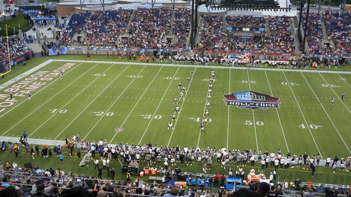 Chicago Bears kicker Cairo Santos prepares to kick off during the beginning of the NFL exhibition Hall of Fame football game against the Houston Texans, in Canton, Ohio, Thursday, Aug. 1, 2024.