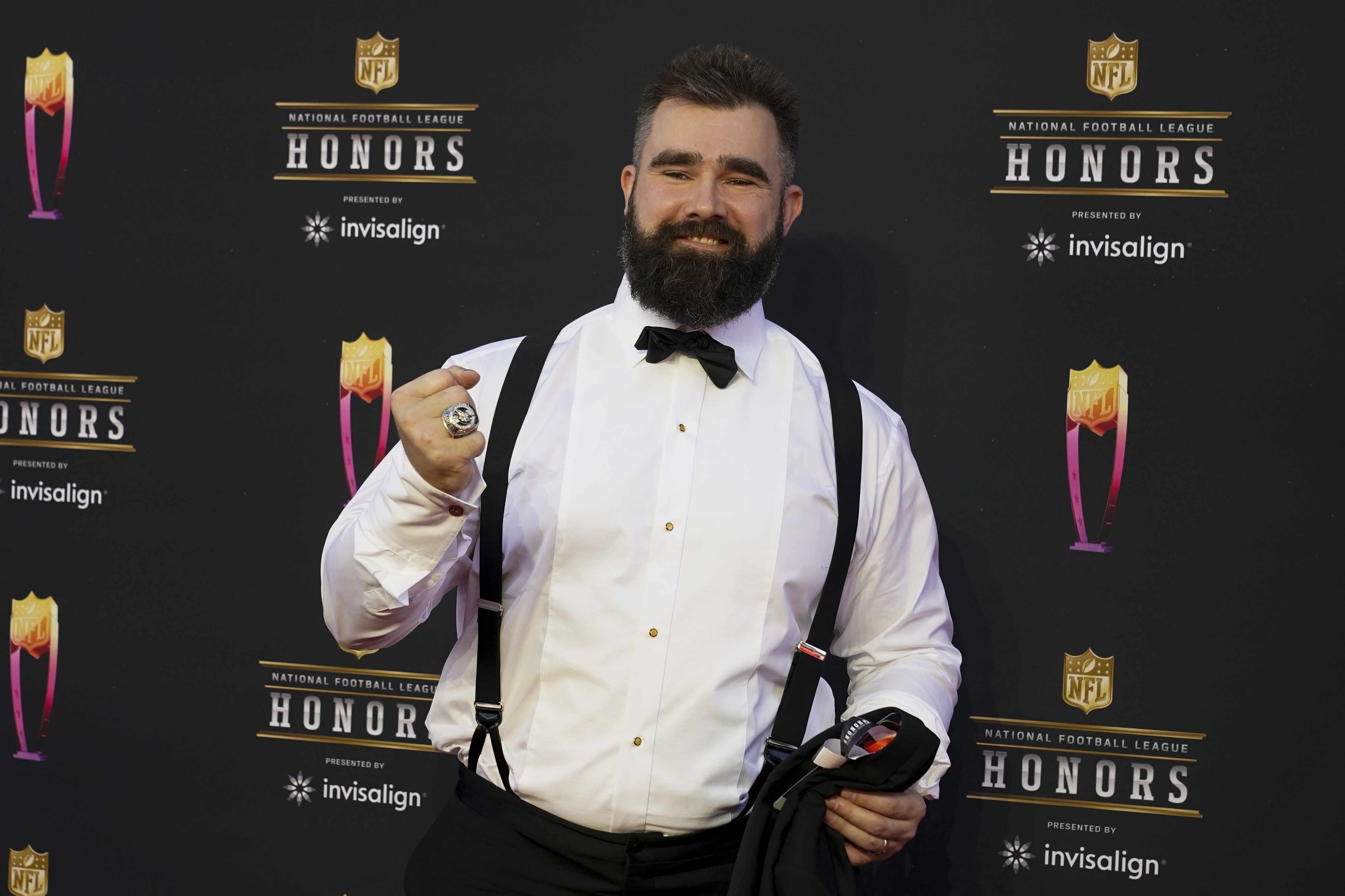 FILE - Philadelphia Eagles Jason Kelce arrives for the NFL Honors show, Feb. 10, 2022, in Inglewood, Calif..