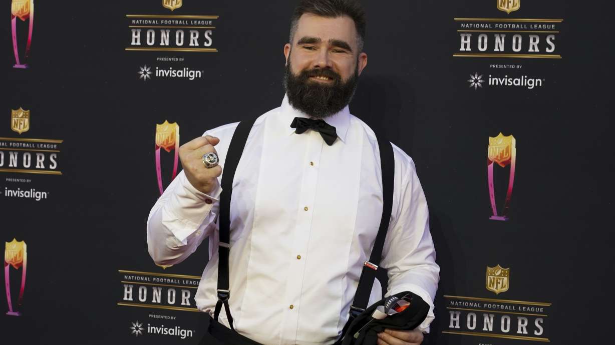 FILE - Philadelphia Eagles Jason Kelce arrives for the NFL Honors show, Feb. 10, 2022, in Inglewood, Calif..