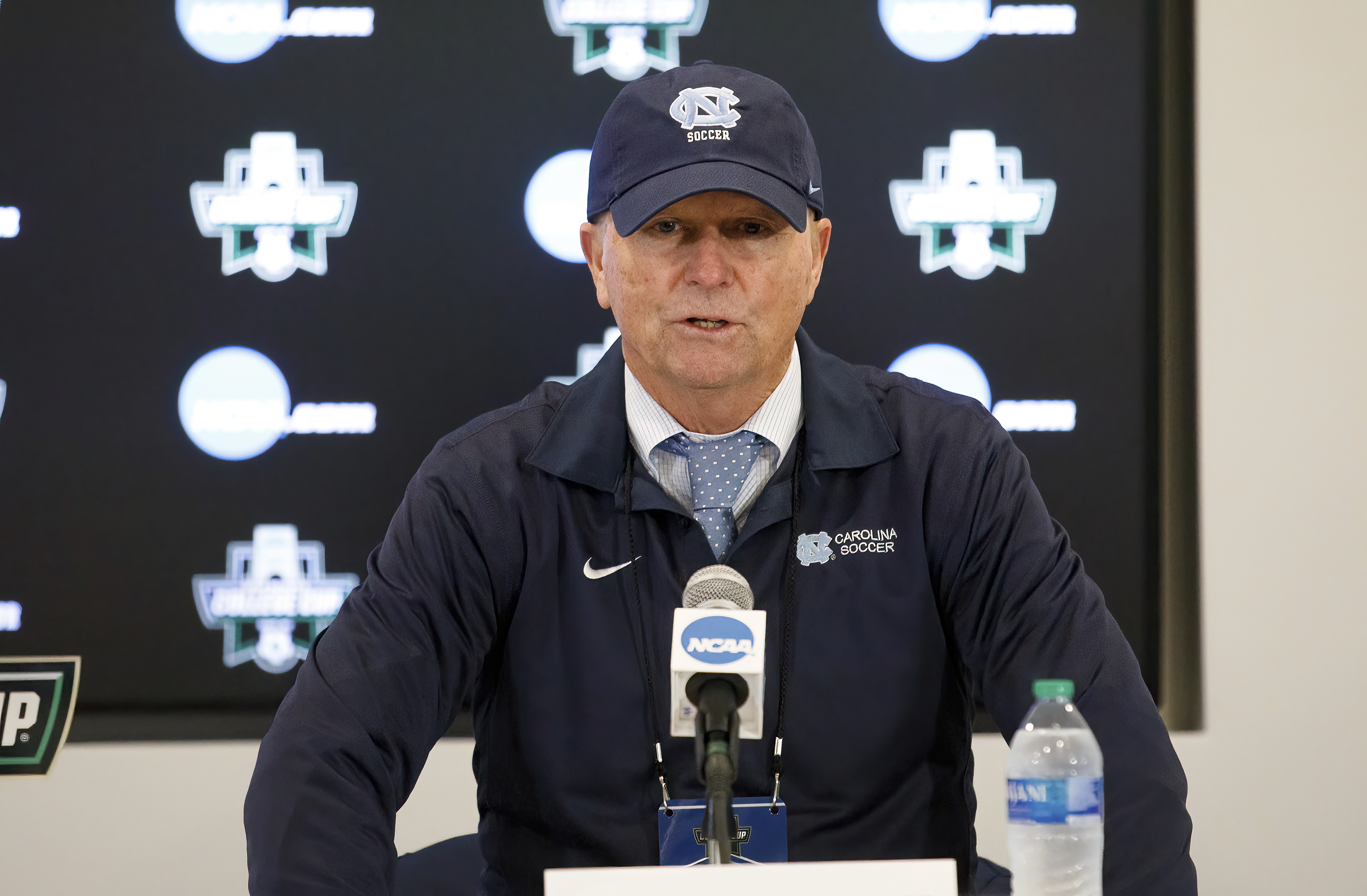 FILE - North Carolina coach Anson Dorrance speaks to the media following the team's win over Florida State in an NCAA women's soccer tournament semifinal in Cary, N.C., Dec. 2, 2022. 