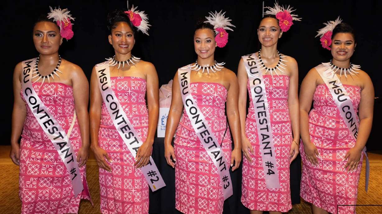 Josephina Lealaitafea of Provo, center, won the Miss Samoa USA contest on Aug. 2, in Las Vegas, Nev. With her, from left, are the other contestants, Elepe Lafaele, Desiree Washington, Mariel Macdonald and Christina Falaniko.