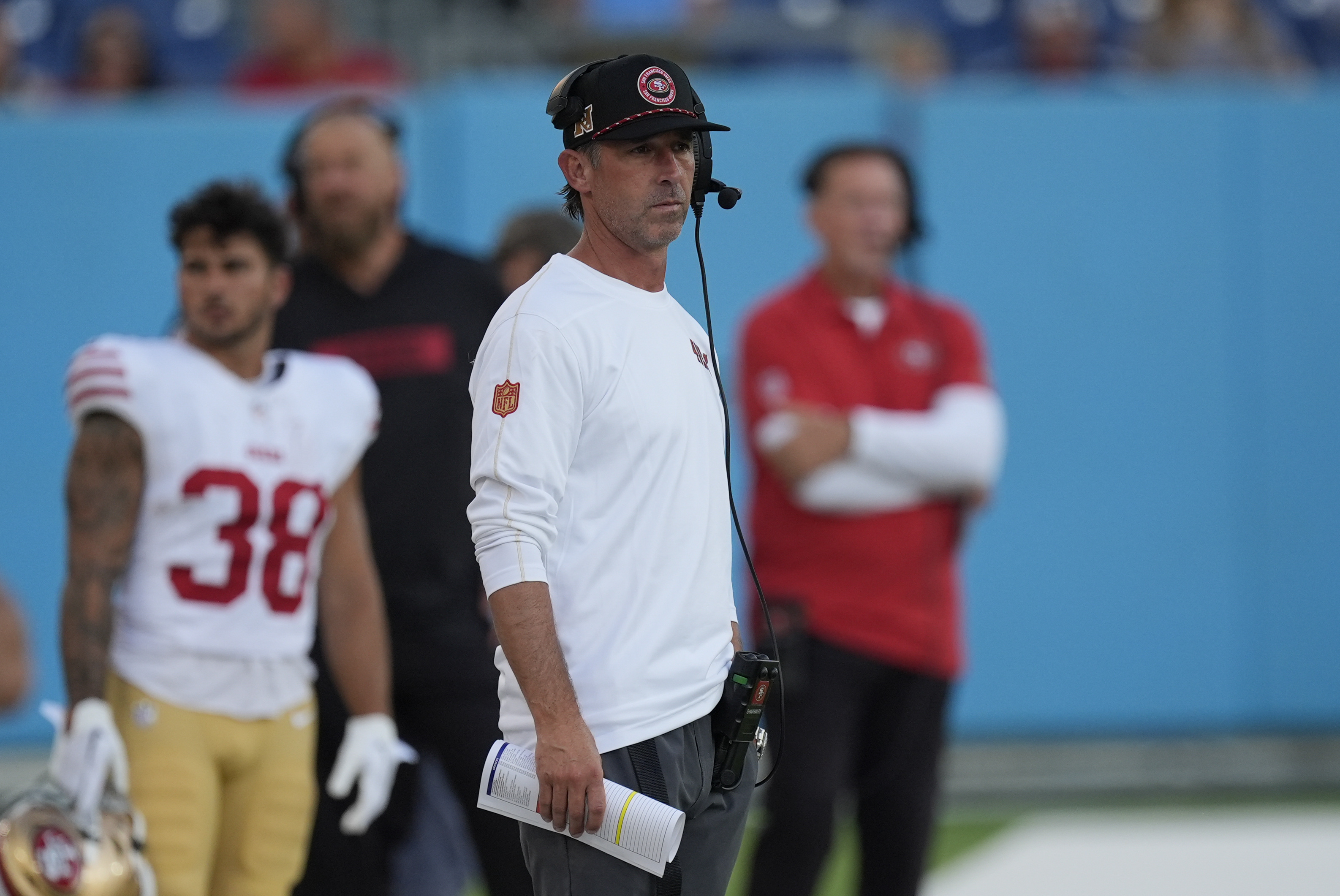 San Francisco 49ers head coach Kyle Shanahan looks on from the sideline during the first half of an NFL preseason football game against the Tennessee Titans, Saturday, Aug. 10, 2024, in Nashville, Tenn. 