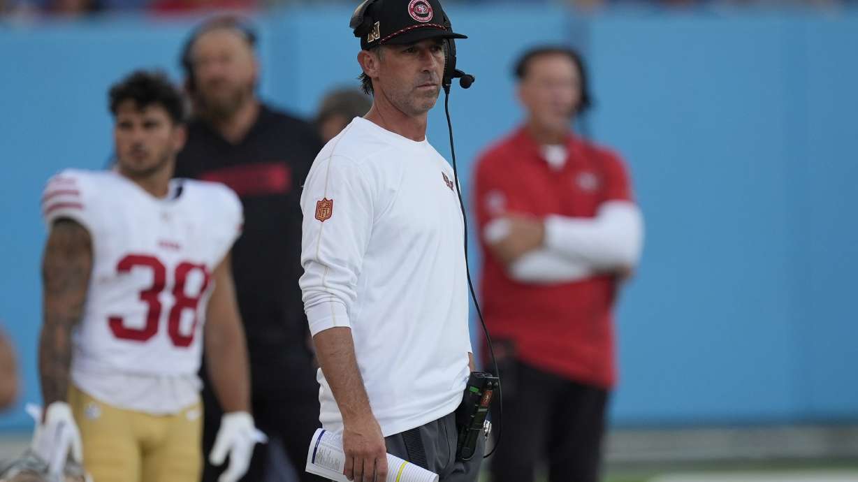 San Francisco 49ers head coach Kyle Shanahan looks on from the sideline during the first half of an NFL preseason football game against the Tennessee Titans, Saturday, Aug. 10, 2024, in Nashville, Tenn.
