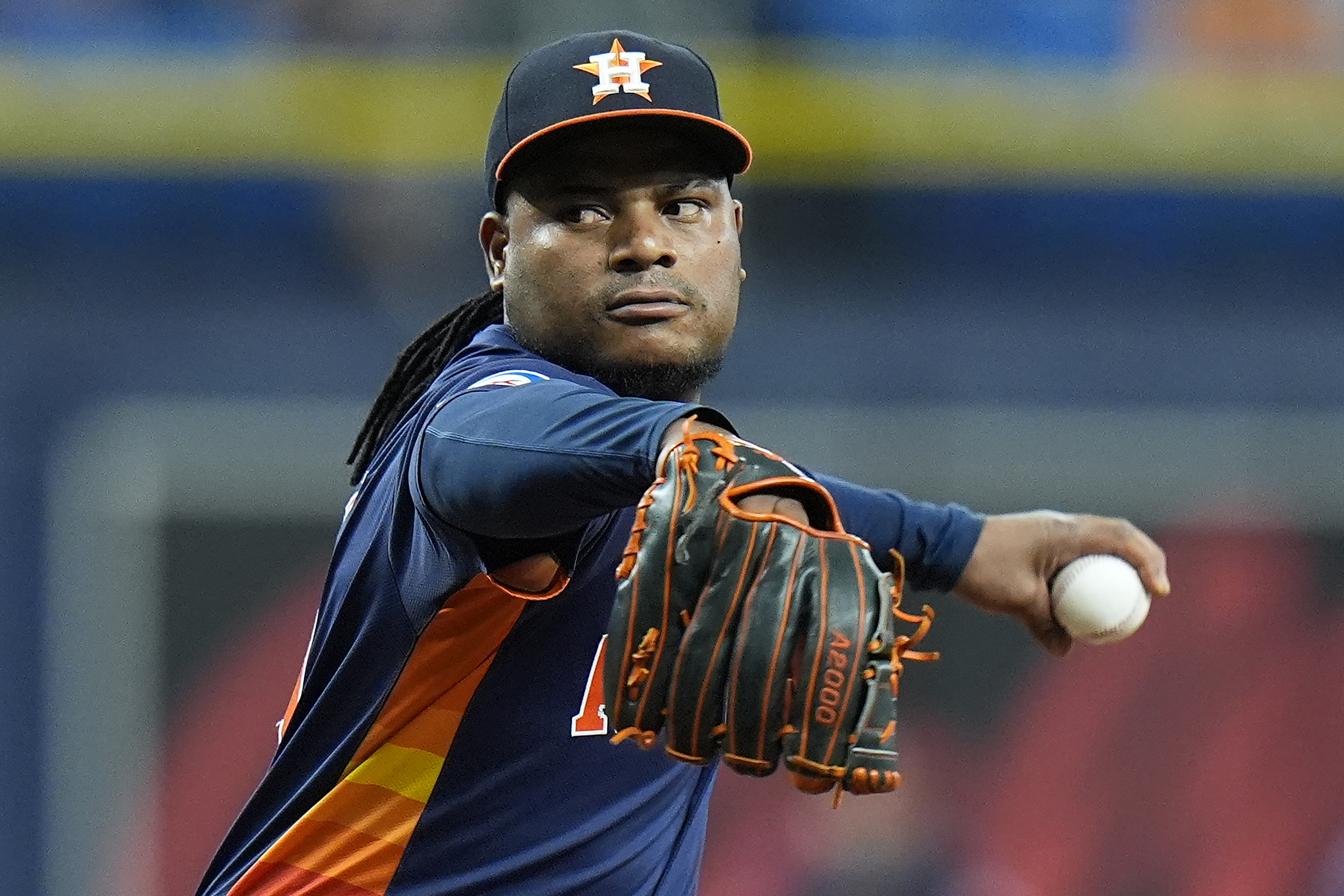 Houston Astros starting pitcher Framber Valdez delivers to the Tampa Bay Rays during the first inning of a baseball game Monday, Aug. 12, 2024, in St. Petersburg, Fla.