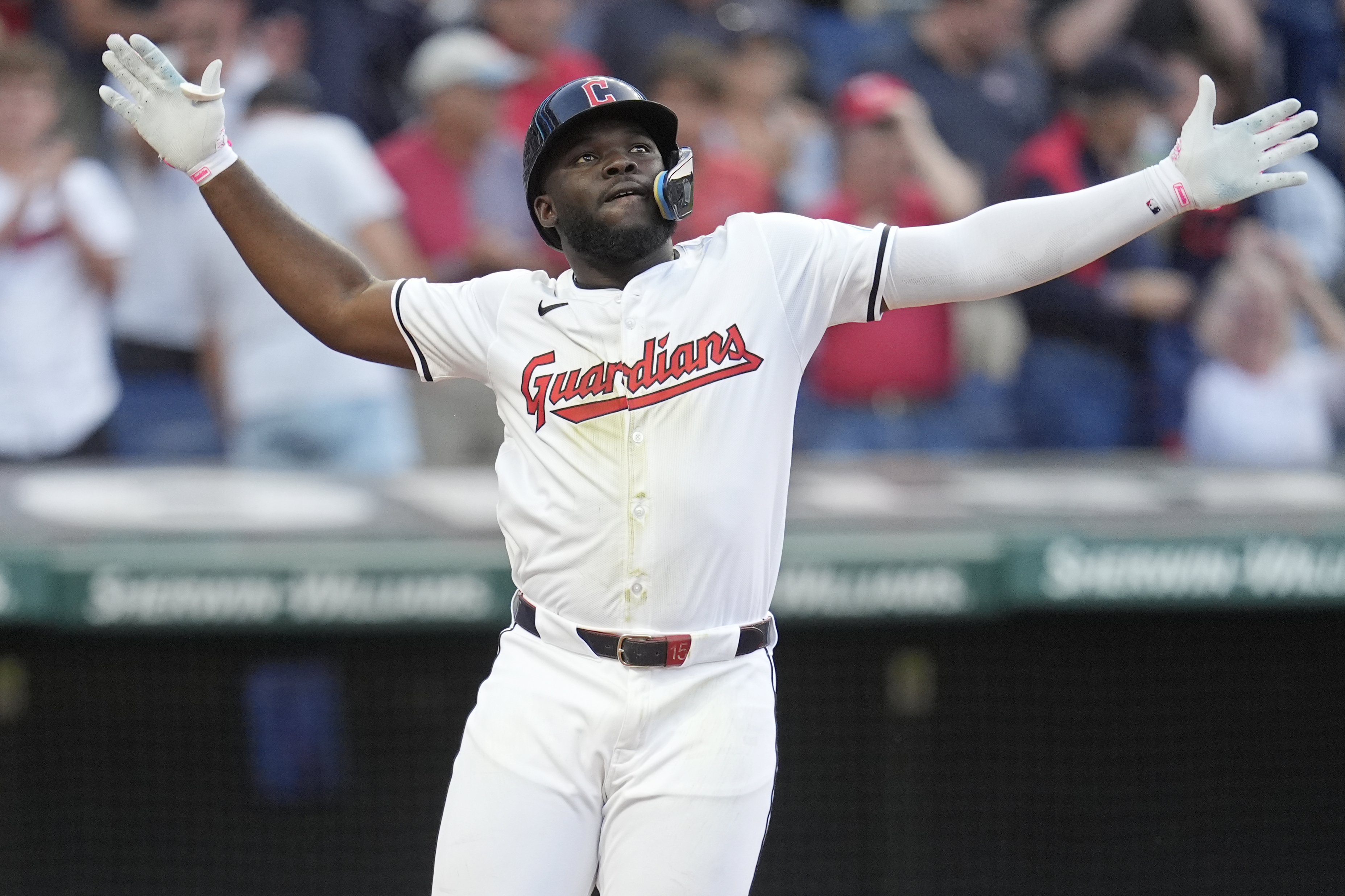 Cleveland Guardians' Jhonkensy Noel celebrates as he crosses home plate with a home run in the fourth inning of a baseball game against the Chicago Cubs, Monday, Aug. 12, 2024, in Cleveland. 