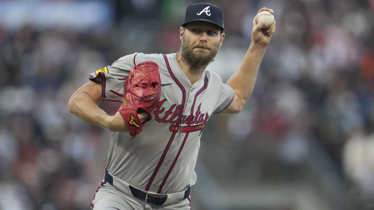 Atlanta Braves pitcher Chris Sale works against the San Francisco Giants during the first inning of a baseball game in San Francisco, Monday, Aug. 12, 2024.