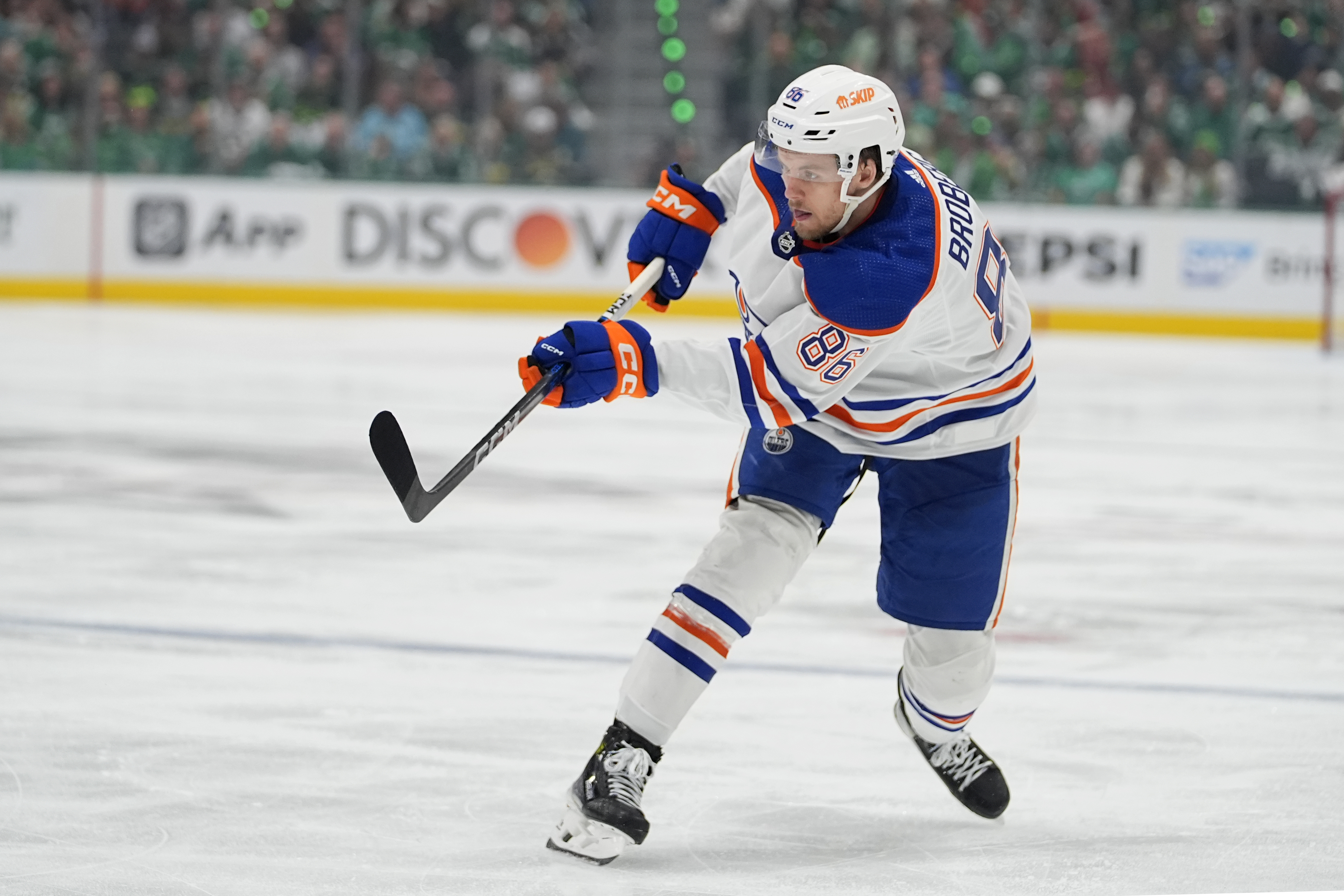 FILE - Edmonton Oilers defenseman Philip Broberg shoots against the Dallas Stars during the second period of Game 5 of the Western Conference finals in the NHL hockey Stanley Cup playoffs Friday, May 31, 2024, in Dallas. 