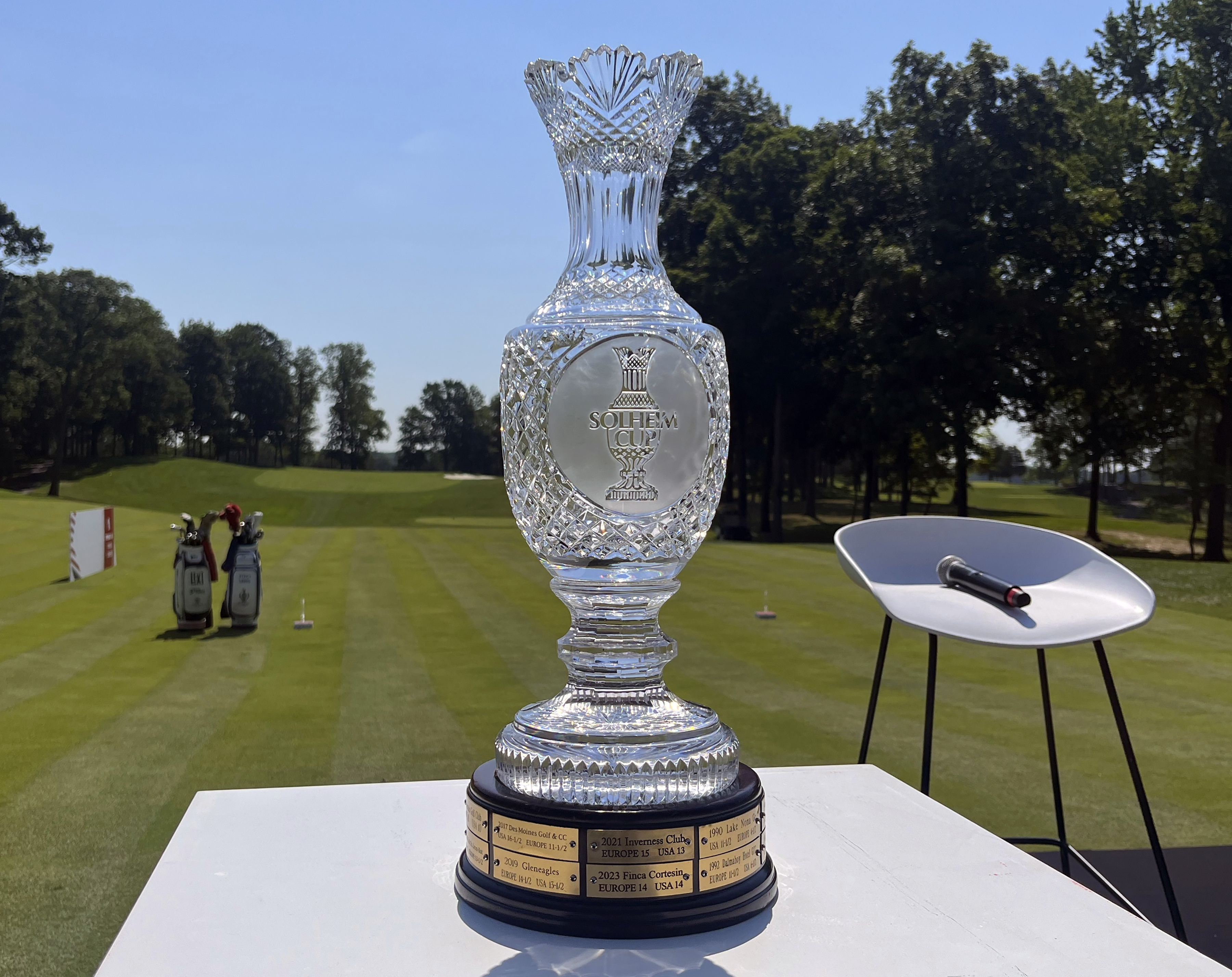 The Solheim Cup is displayed on the first tee box at Robert Trent Jones Golf Club, Monday, July 15, 2024, in Gainesville, Va., where the United States will take on Europe in the Solheim Cup golf tournament in September. (AP Photo/Ben Nuckols Sent from my iPhone