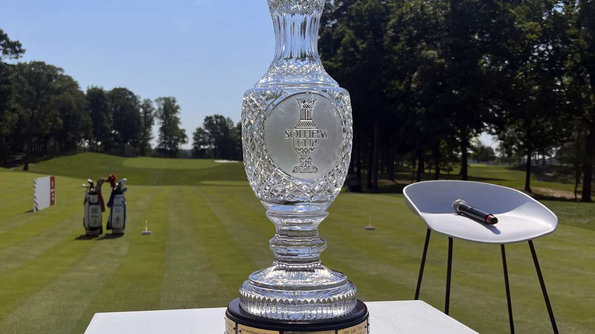 The Solheim Cup is displayed on the first tee box at Robert Trent Jones Golf Club, Monday, July 15, 2024, in Gainesville, Va., where the United States will take on Europe in the Solheim Cup golf tournament in September. (AP Photo/Ben Nuckols Sent from my iPhone