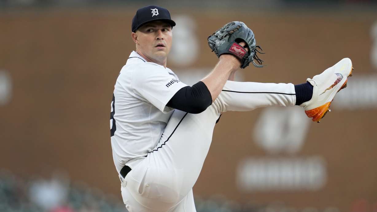 Detroit Tigers pitcher Tarik Skubal throws against the Seattle Mariners in the first inning of a baseball game, Tuesday, Aug. 13, 2024, in Detroit.