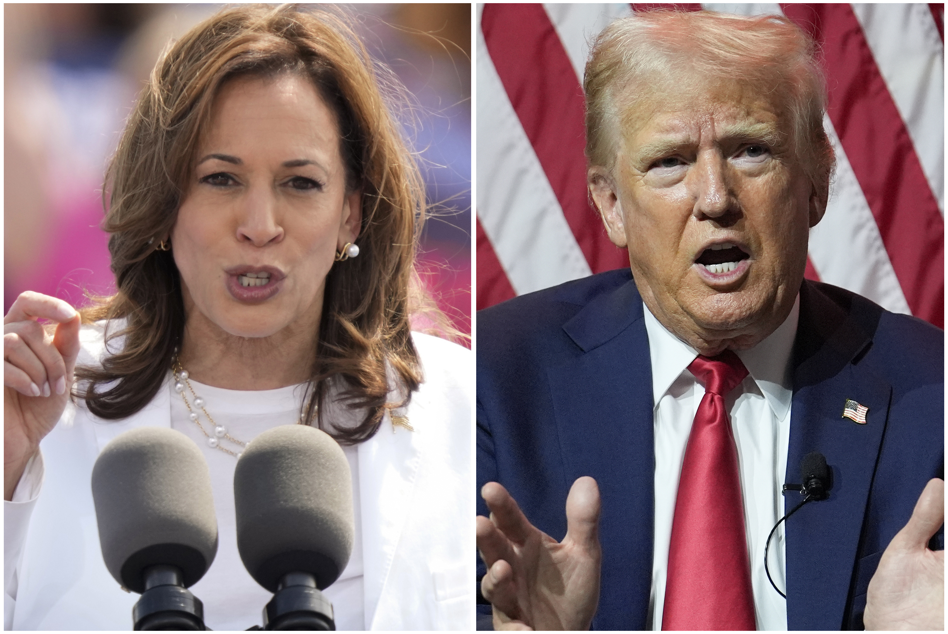 This combination of photos shows Vice President Kamala Harris, left, on Aug. 7 and Republican presidential candidate former President Donald Trump on July 31. A new poll measures views of honesty between the two candidates. 