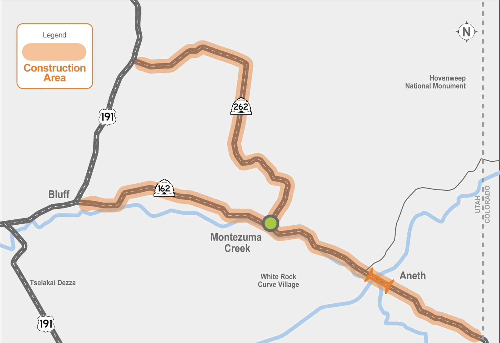 The map shows the road sections, in orange, to be upgraded as part of a $152 million road improvement project in San Juan County, partially through the Navajo Nation.