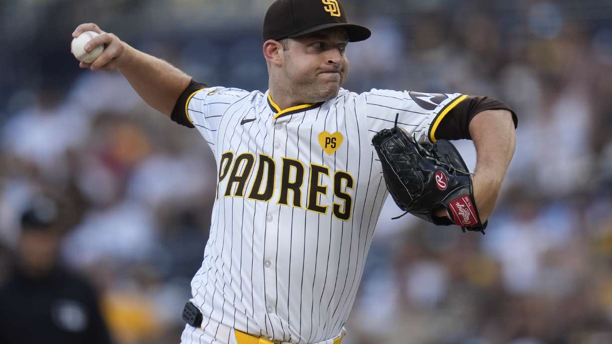 San Diego Padres starting pitcher Michael King works against a Pittsburgh Pirates batter during the first inning of a baseball game Tuesday, Aug. 13, 2024, in San Diego.