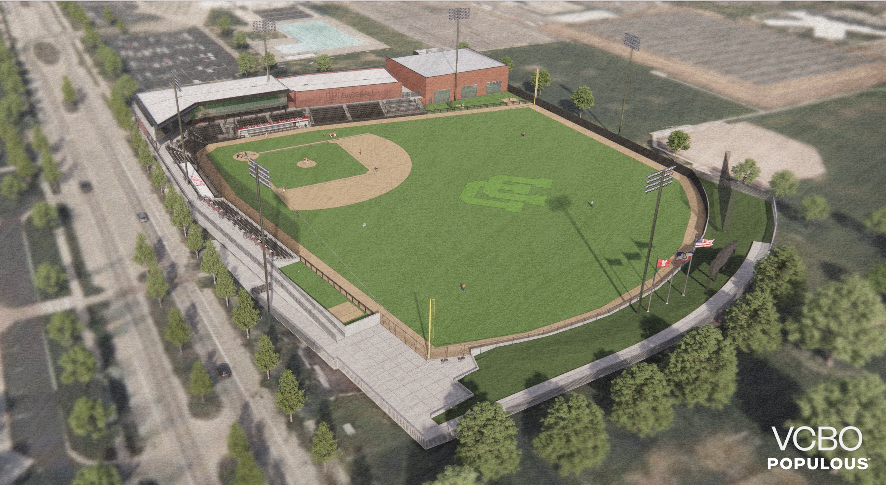 An artist rendering of the future Charlie Monfort Field at America First Ballpark. The stadium will be located next to Sunnyside Park, jutting into a piece of its previous footprint.