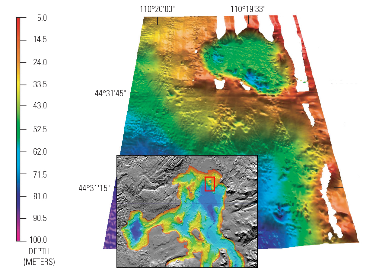 Bathymetric image of Elliott's Crater, one of three hydrothermal explosion craters at Yellowstone Lake.