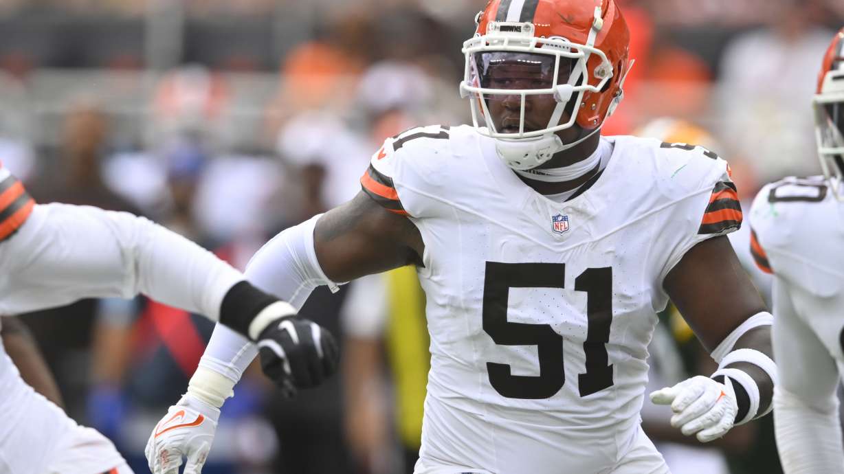 FILE - Cleveland Browns defensive tackle Mike Hall Jr. (51) works at the line of scrimmage during an NFL preseason football game against the Green Bay Packers, Saturday, Aug. 10, 2024, in Cleveland.