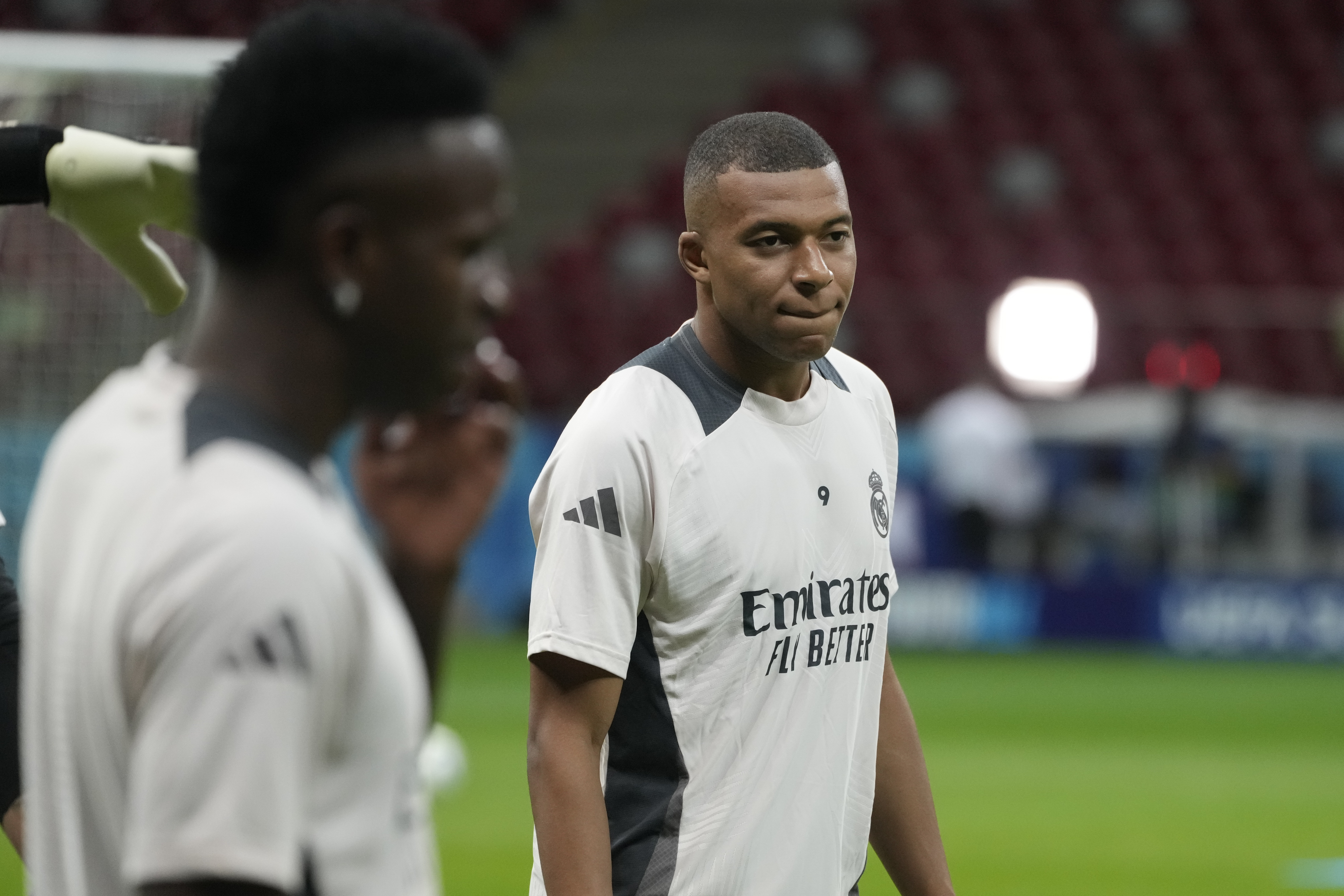 Real Madrid's Kylian Mbappe attends a training session ahead of the UEFA Super Cup Final soccer match between Real Madrid and Atalanta at the Narodowy stadium in Warsaw, Poland, Tuesday, Aug. 13, 2024. 