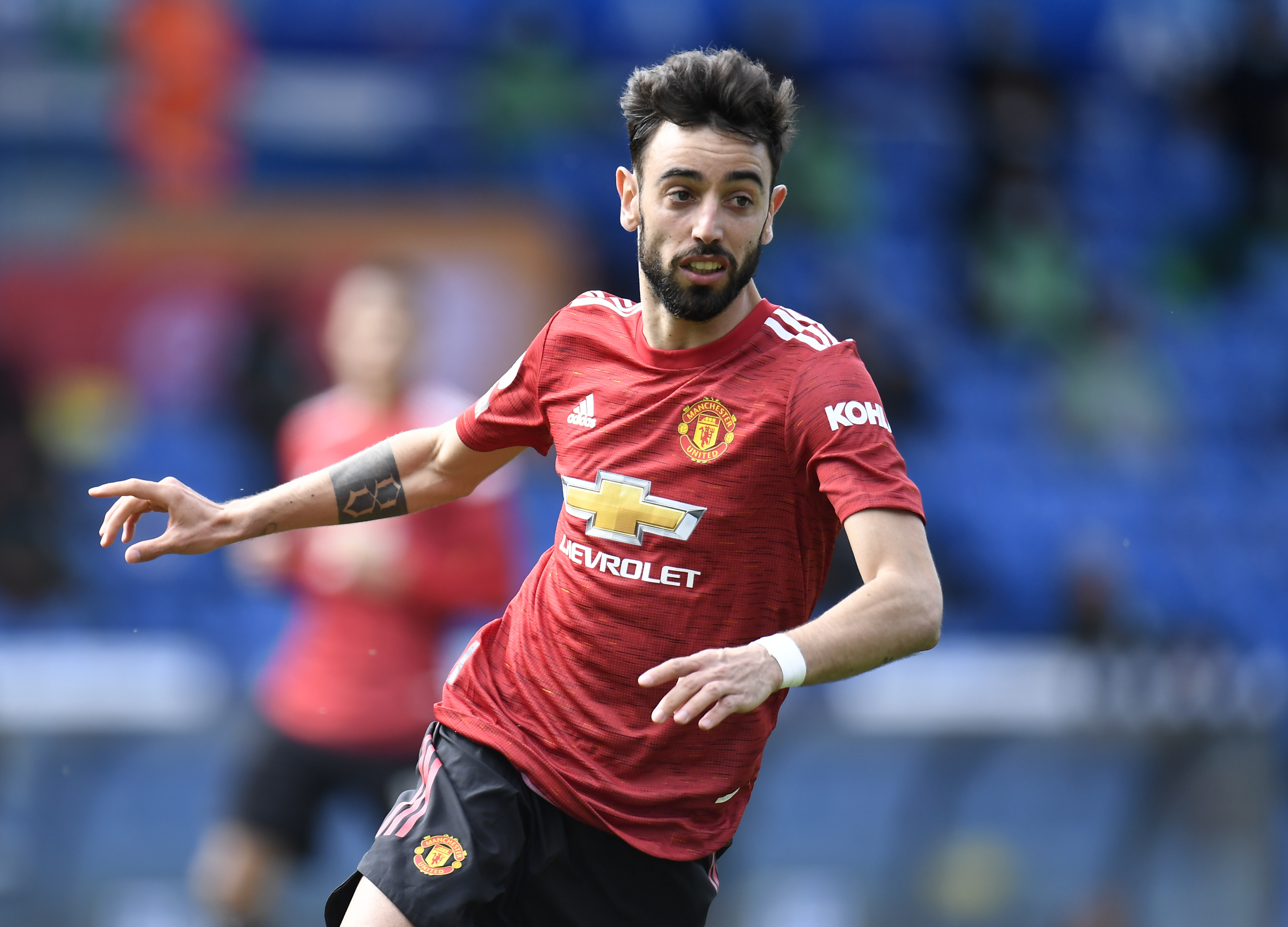 FILE - Manchester United's Bruno Fernandes in action during an English Premier League soccer match at Elland Road in Leeds, England, on April 25, 2021. 
