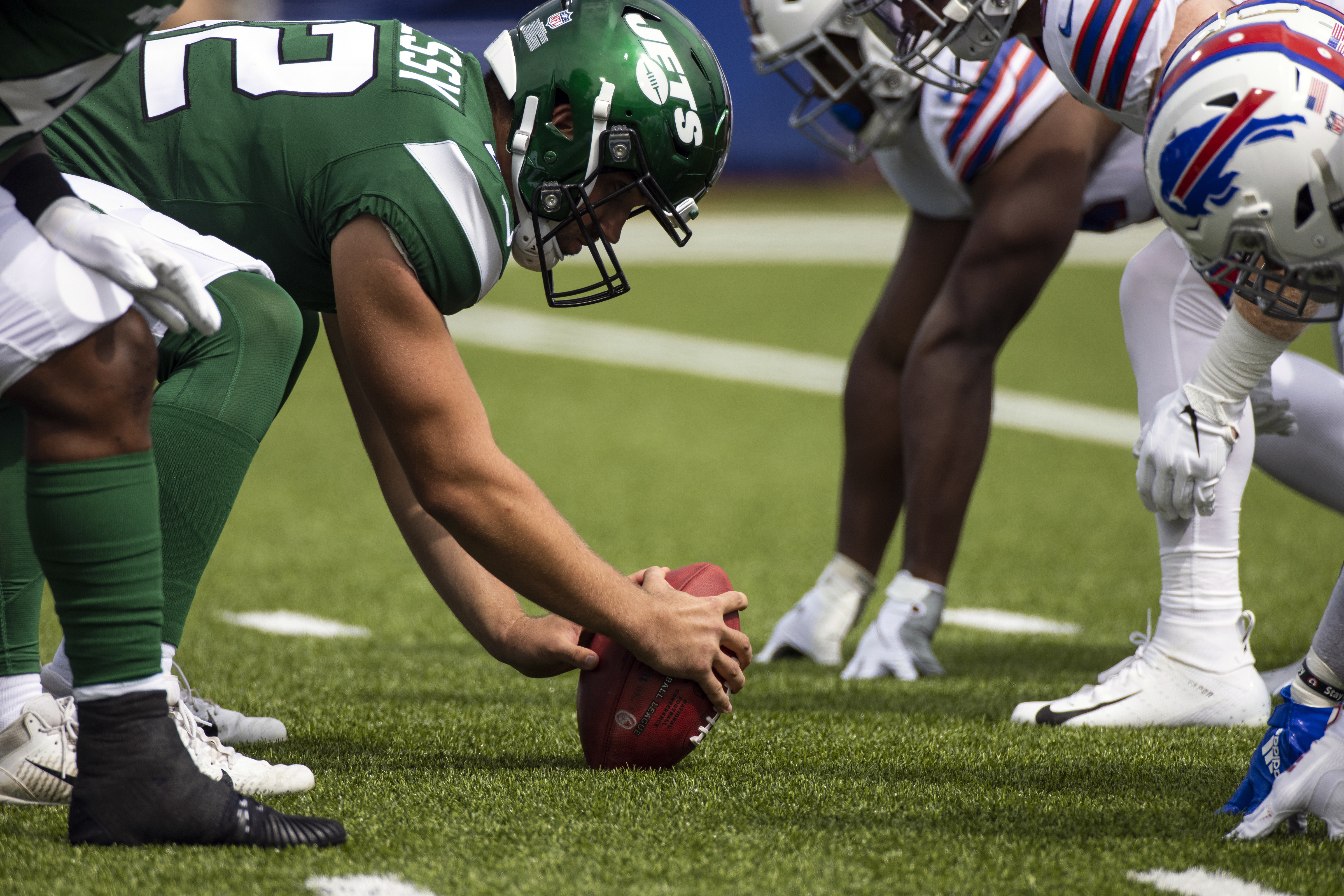 FILE - New York Jets long snapper Thomas Hennessy (42) readies the snap during the first quarter of an NFL football game against the Buffalo Bills, Sunday, Sept. 13, 2020, in Orchard Park, N.Y. 