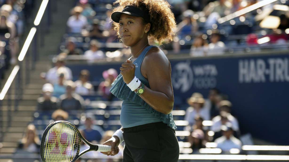 Japan's Naomi Osaka celebrates a point during her win over Tunisia's Ons Jabeur at the National Bank Open in Toronto on Wednesday, August 7, 2024.