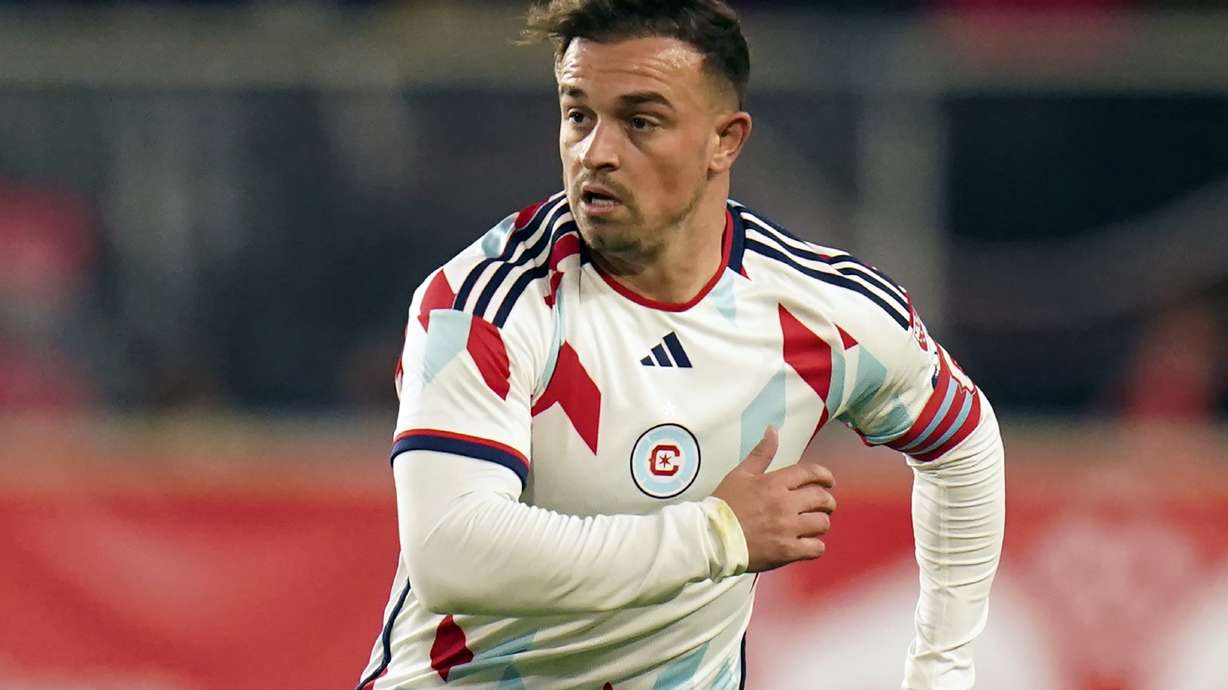 FILE - Chicago Fire midfielder Xherdan Shaqiri (10) runs during an MLS soccer match against the New York Red Bulls, Saturday, April 13, 2024 in Harrison, N.J.