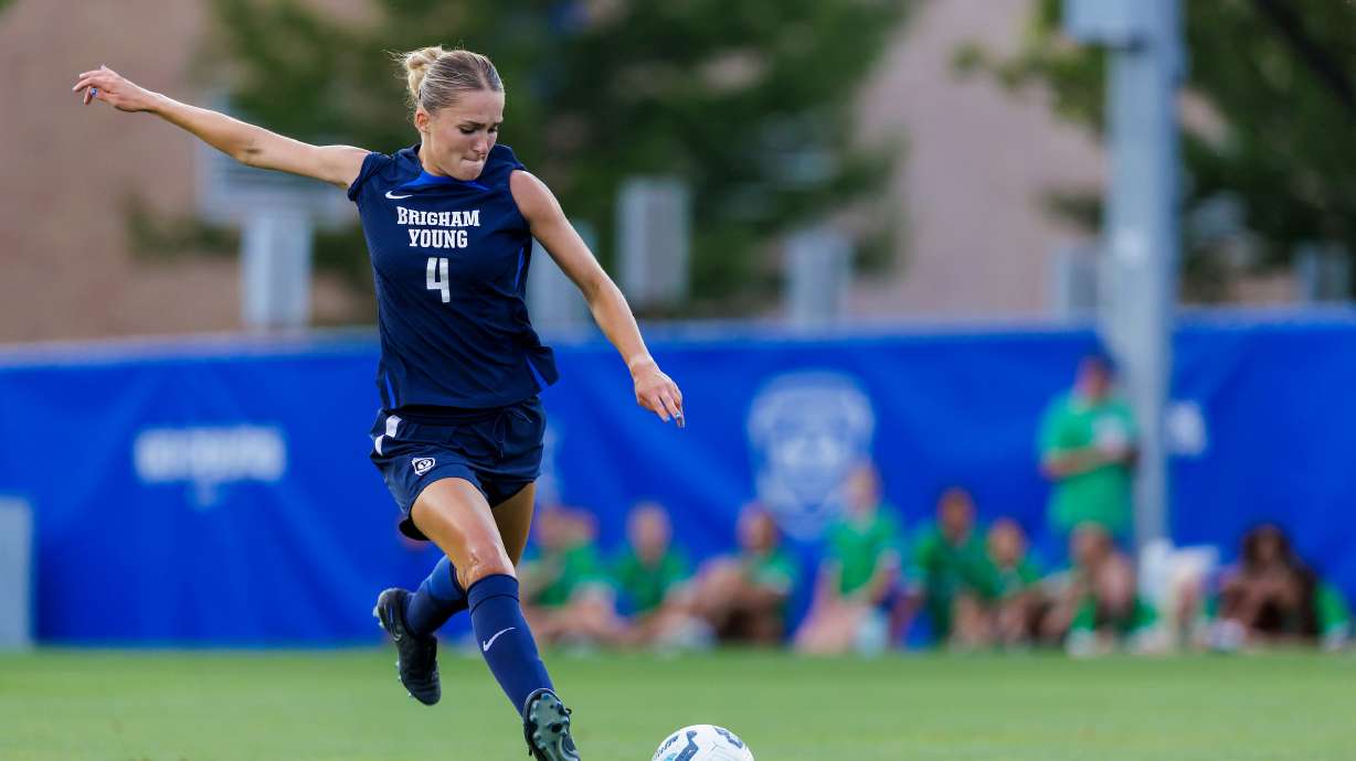 BYU women's soccer defender Avery Frischknecht passes the ball during a 1-0 exhibition loss to Wyoming in a preseason friendly, Friday, Aug. 9, 2024 at South Field in Provo.