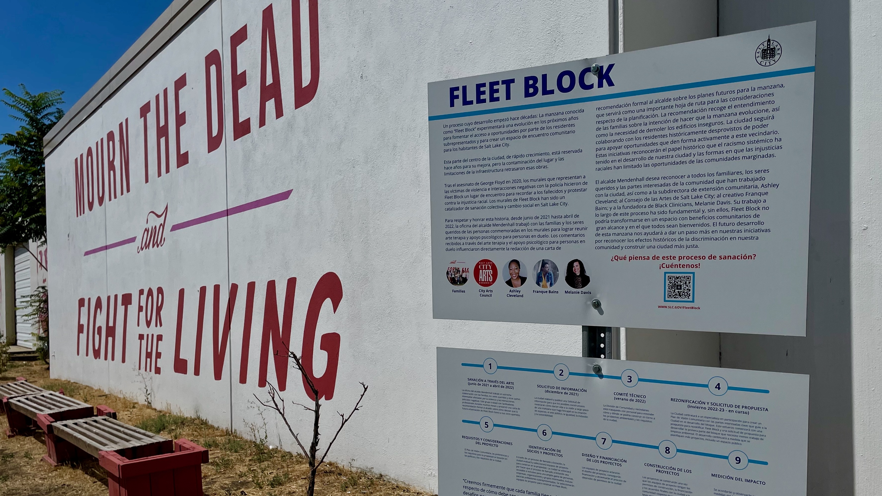 Signage explaining the future of the Fleet Block site in Salt Lake City, photographed Wednesday. Numerous murals depicting people killed in confrontations with police cover the walls of the Fleet Block buildings.