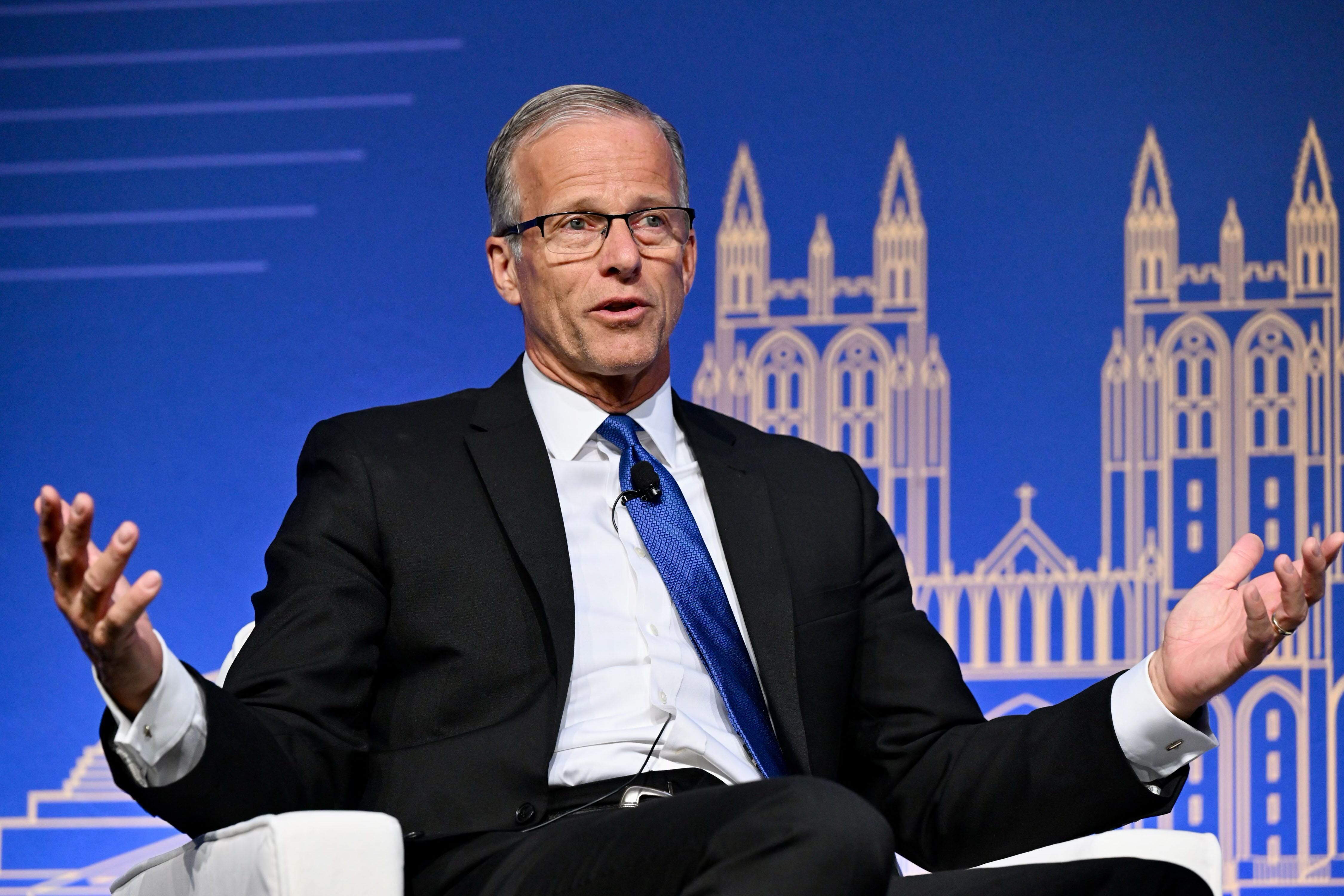 Senate Republican Whip John Thune, R-S.D., sits down for a discussion prior to receiving the Titan of Public Service Award during a special gala event of the Orrin G. Hatch Foundation at Salt Lake City's Grand America on Wednesday.