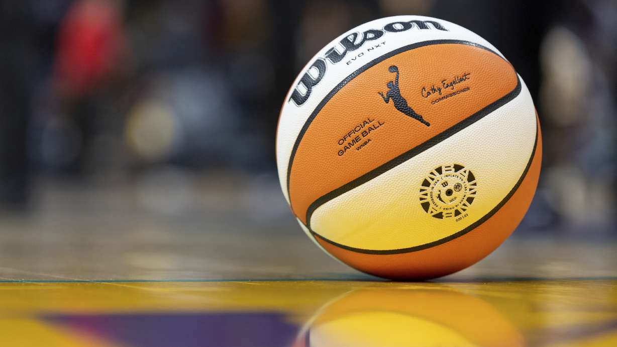 FILE - A WNBA basketball sits on the court during a WNBA game, May 19, 2023, in Los Angeles.