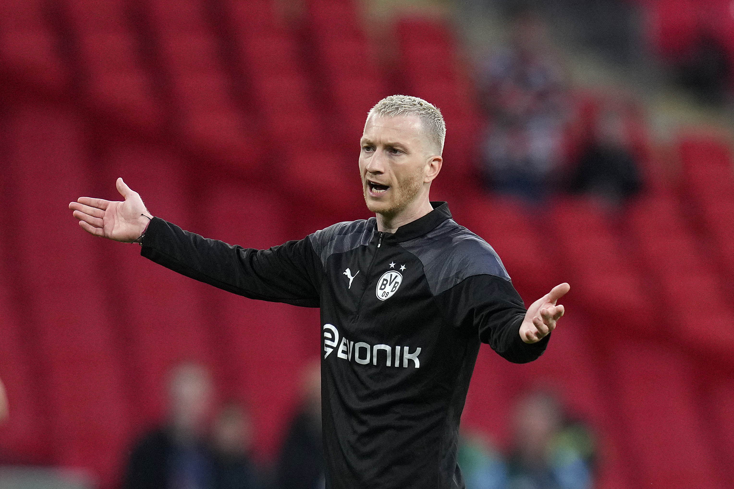 FILE - Dortmund's Marco Reus gestures during a training session ahead of the Champions League final soccer match between Borussia Dortmund and Real Madrid at Wembley Stadium in London, Friday, May 31, 2024.
