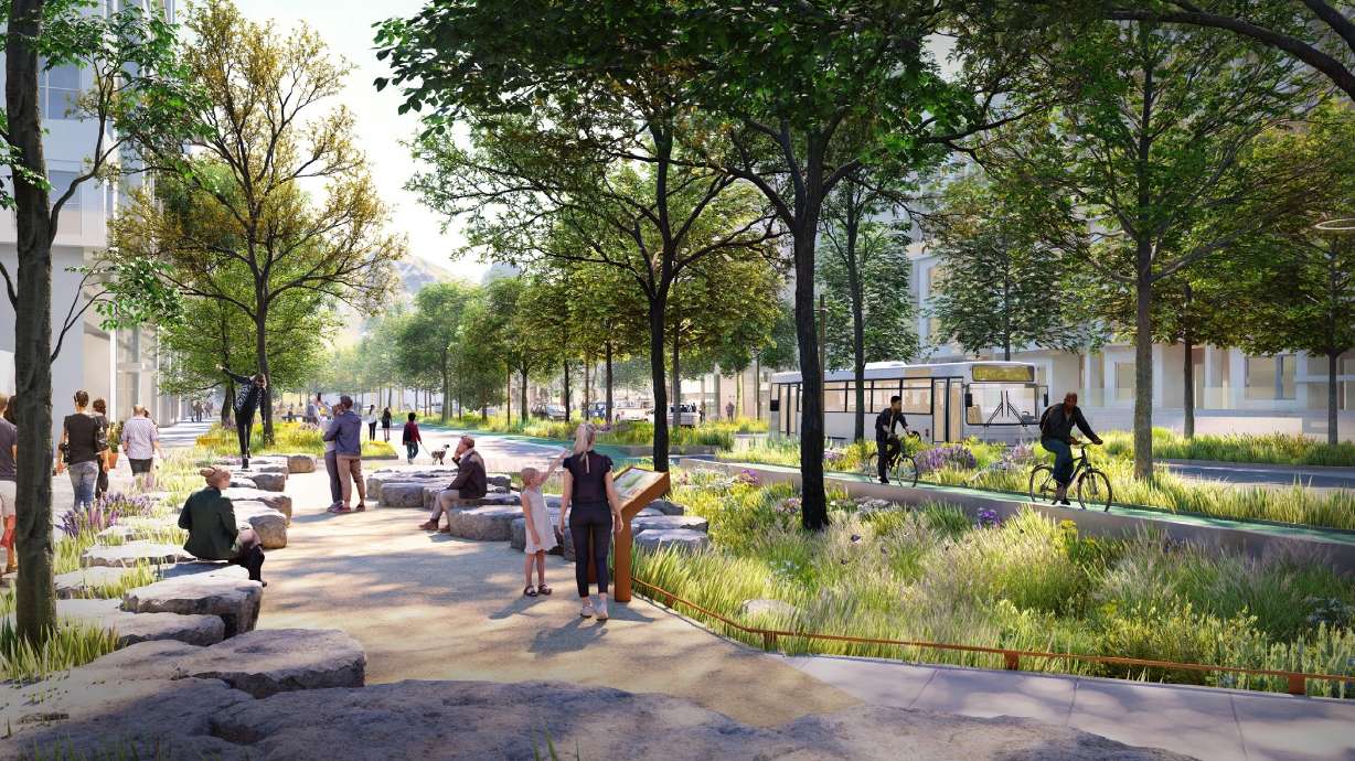 A rendering of a proposed Green Loop segment along 200 East in Salt Lake City. Construction on the segment could begin in 2027, according to the city.