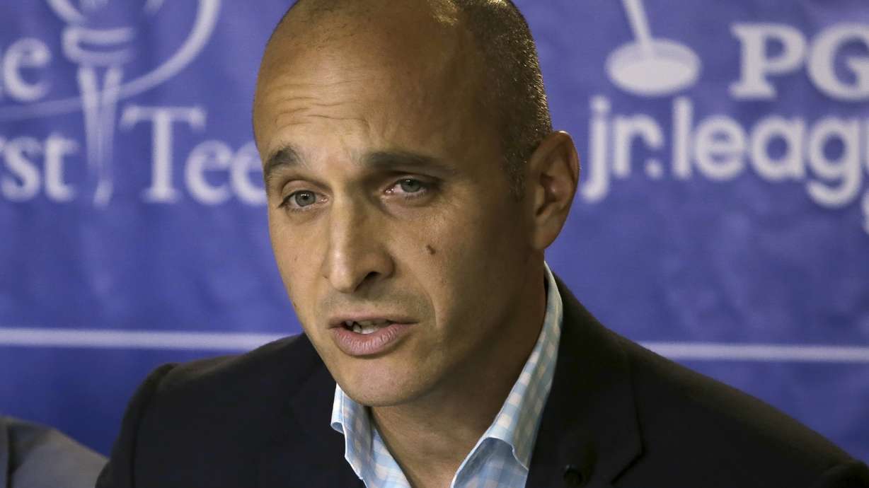 FILE - Pete Bevacqua, then-CEO of the PGA of America, gestures during a news conference at The Players Championship golf tournament, May 6, 2015, in Ponte Vedra Beach, Fla.