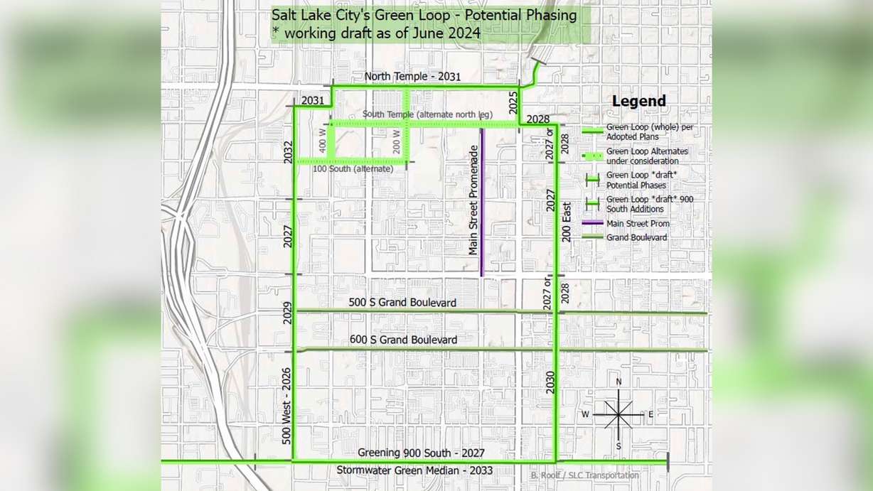 A potential construction timeline for the Green Loop surrounding Salt Lake City's downtown core updated in June, included in a July 30 draft document. It suggests construction would be broken up into different segments over the next decade.